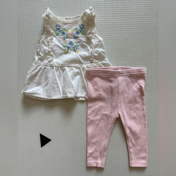 Carters|Baby girl White Floral Embroidered Top w ruffles & Pink Leggings•••9M - Picture 1 of 5